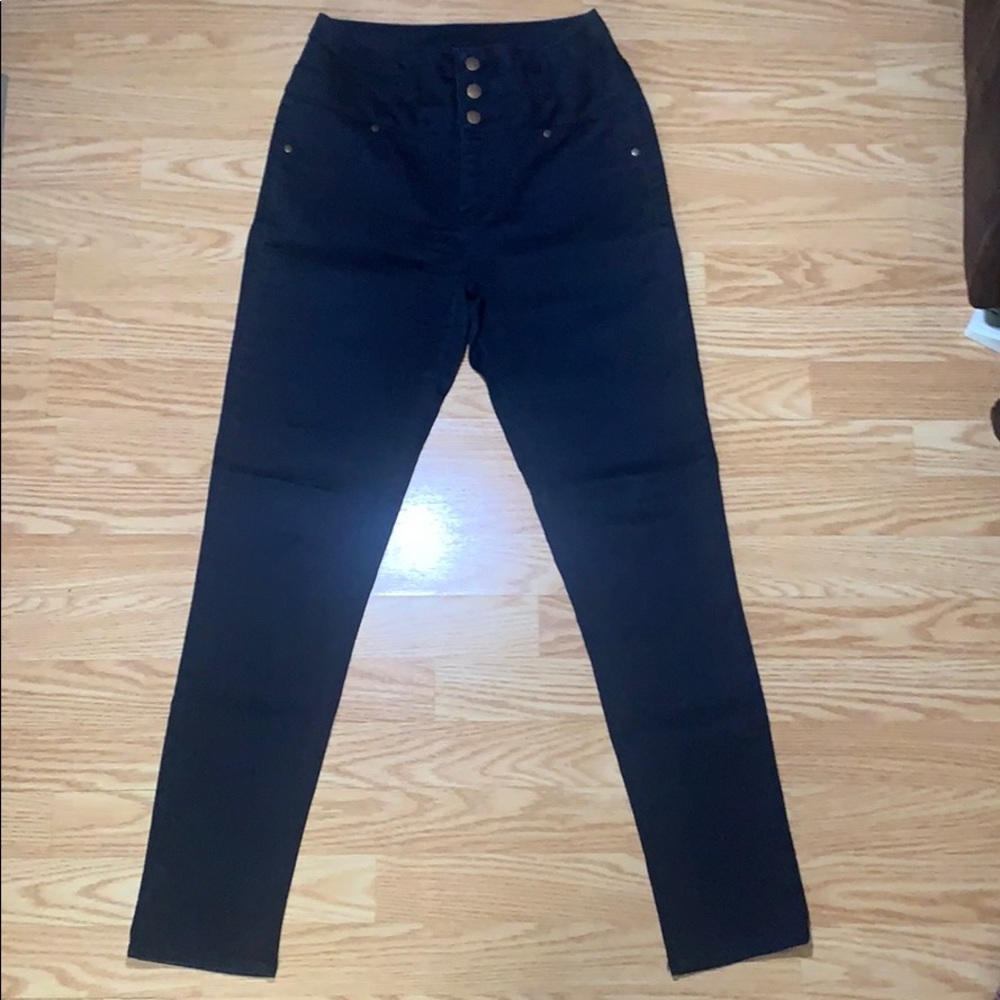 Stretchy high rise, 3 button, skinny, navy blue